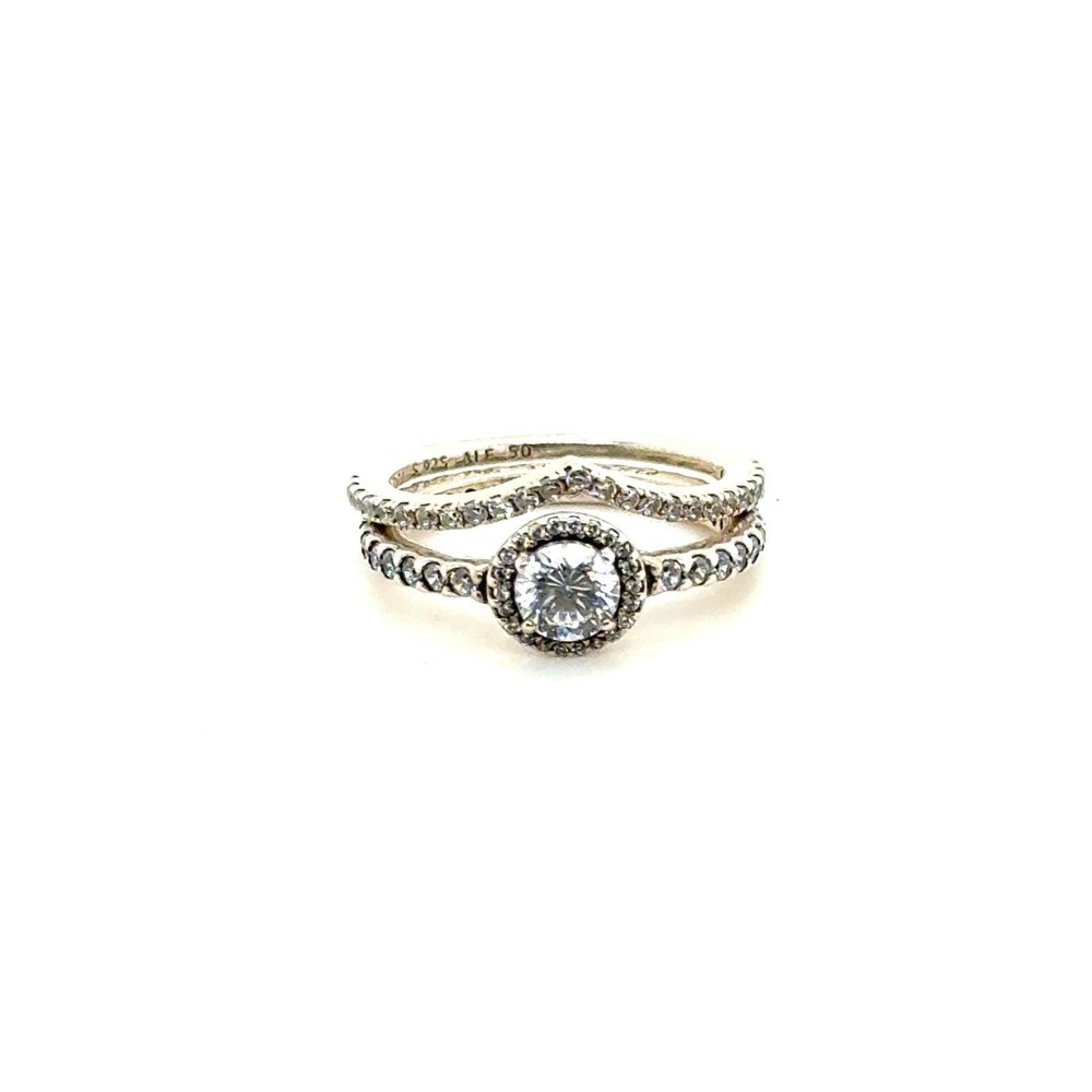 Pandora Sterling Silver Halo Solitaire & Wishbone Ring Set S925 ALE Size 50‎
